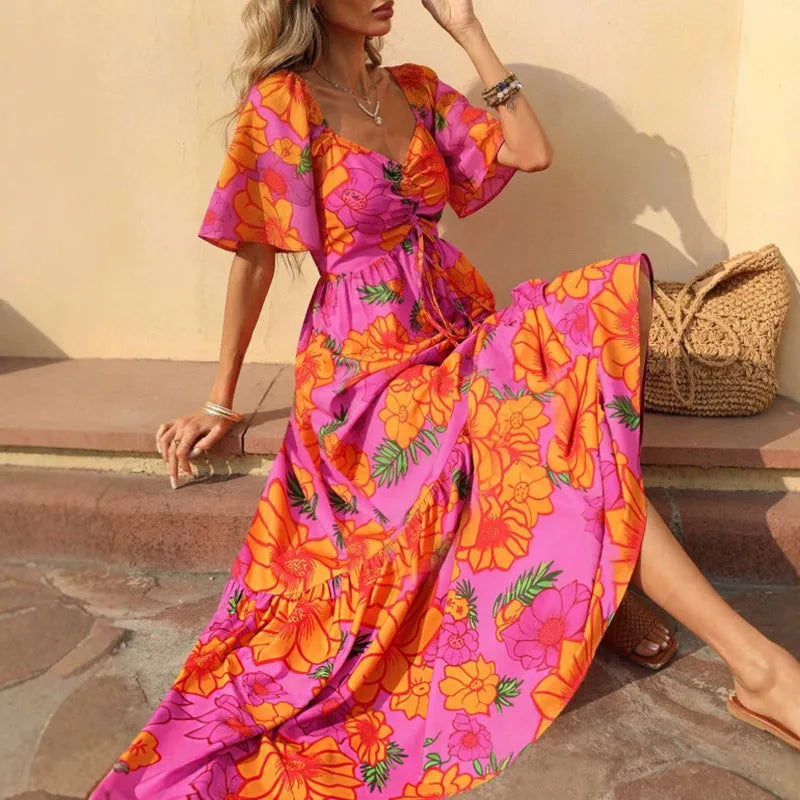 LIZAKOSHT  -  Women Elegant V-neck Draped Vacation Dress Summer Casual Short Sleeve Big Swing Party Dress Fashion Floral Printed Long Dresses