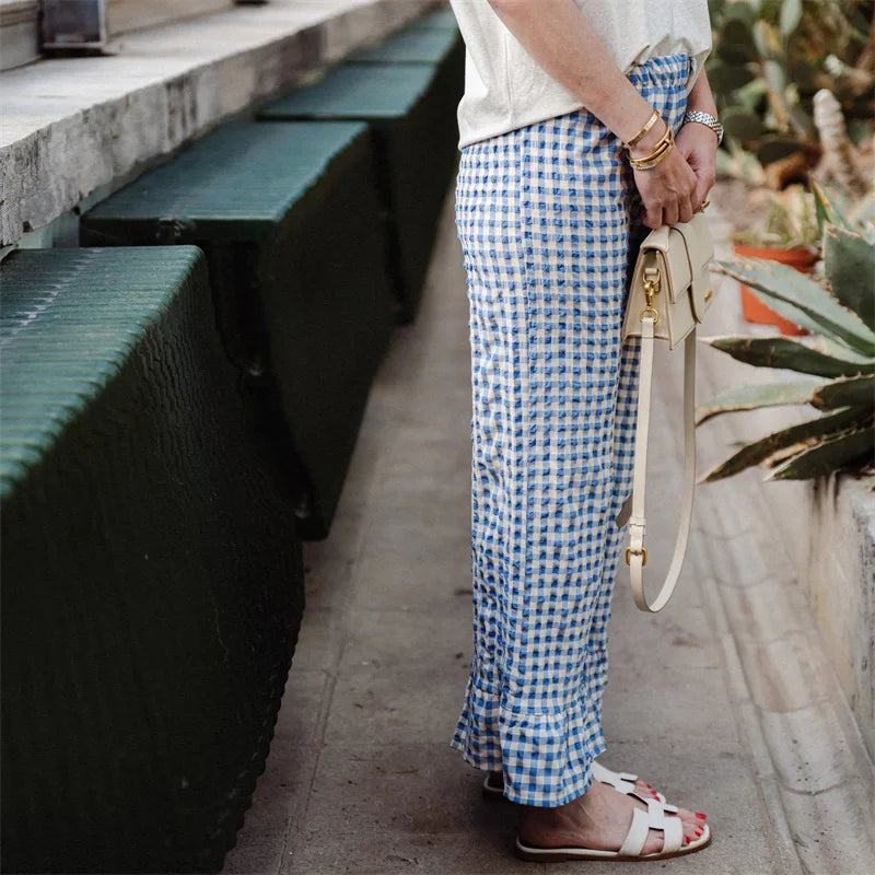 LIZAKOSHT  -  Plaid Print Pants Women y2k Clothes Elastic Waist Wide Leg Loose Ruffle Hem Trousers Summer Clothing 2000s Streetwear
