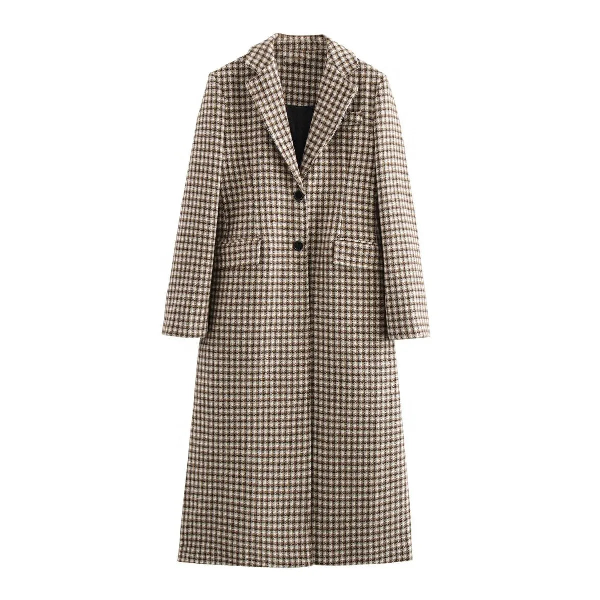 LIZAKOSHT  -  Double Breasted Plaid Pattern Woolen Overcoat Women Fashion Lapel Long Sleeve Loose Coats Lady Winter Daily Commute Coat