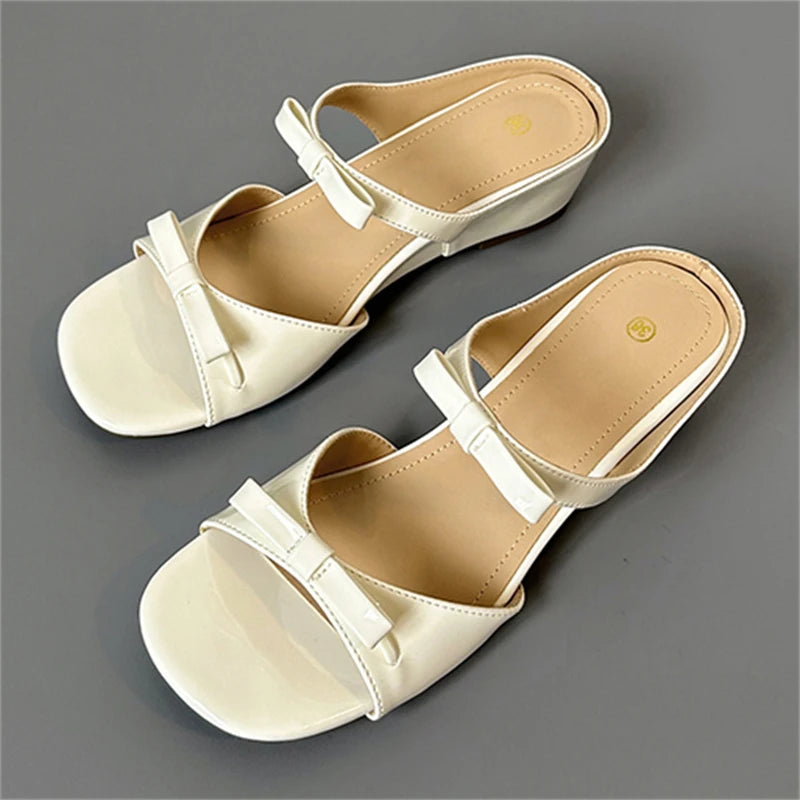 LIZAKOSHT  -  Summer Elegant Butterfly-knot Square Toe Women Slippers Fashion Design Wedges Low Heels Banquet Slide Shoes