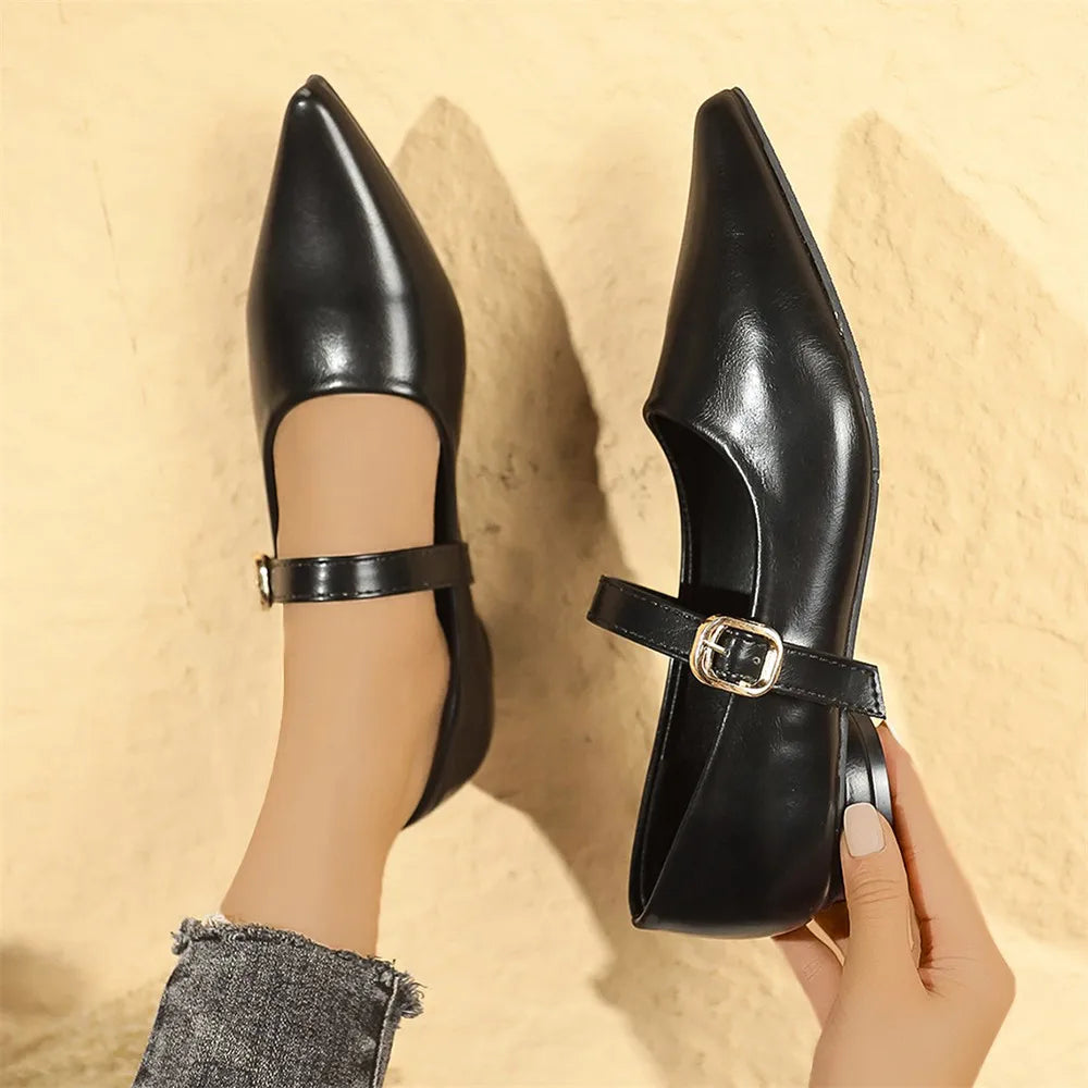 LIZAKOSHT  -  Plus Size 43 Vintage Pointed Toe Mary Jane Shoes Women Basic Black Low Heel Comfy Walk Flats Office Lady Shoes Daily Life