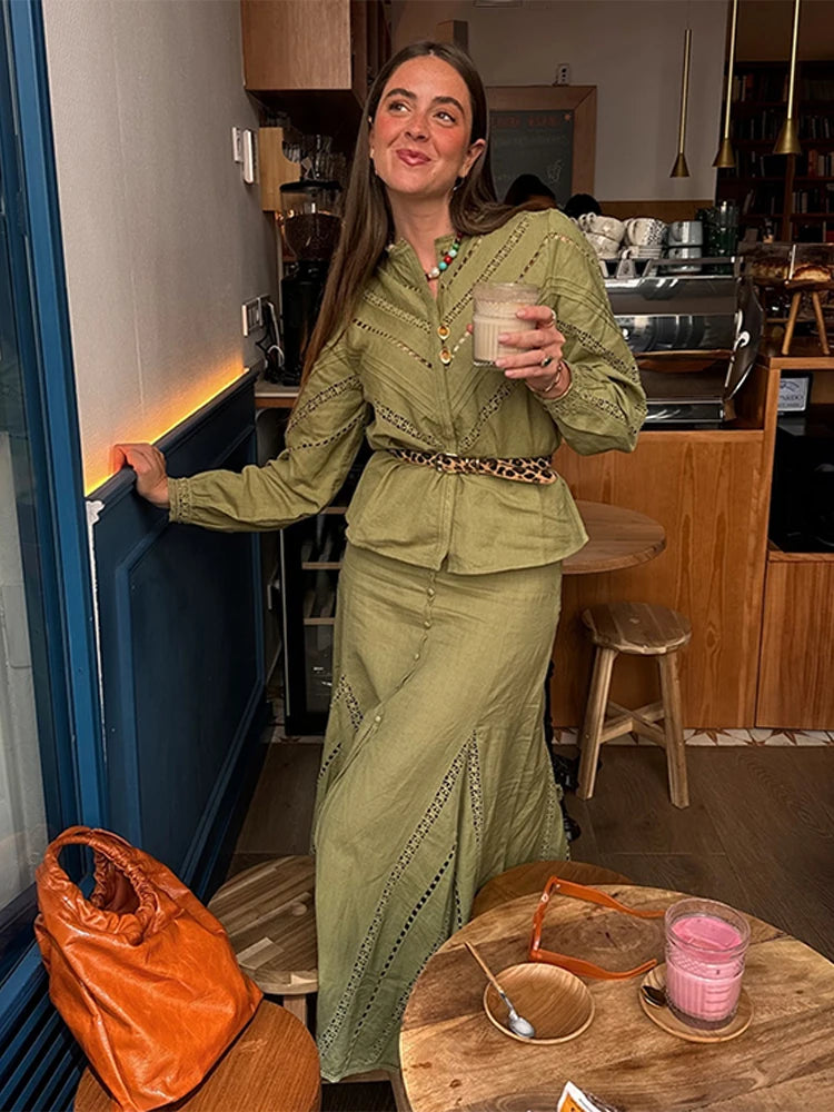 LIZAKOSHT  -  Hollow Out Green Long Skirt Set Embroidered Long Sleeved Shirt Single Breasted Elegant Half Body Fishtail Skirt Women's Clothing