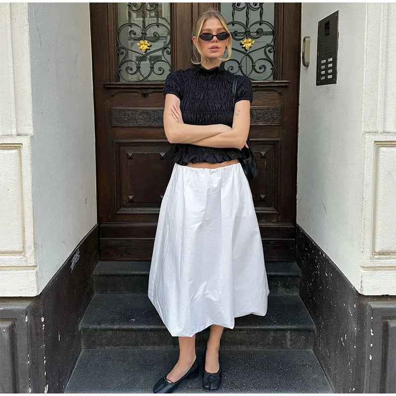 LIZAKOSHT  -  Elegant Pleated Lace Up Top Women Hallow Out Solid Short Sleeve High Neck Shirts Female Spring summer Versatile Street Tops