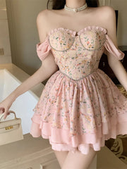 LIZAKOSHT  -  Sexy Dresses Women Floral Printed Patchwork Chain Ruffles Layered Square Collar Elegant Mini Dress Slim Fashion Female
