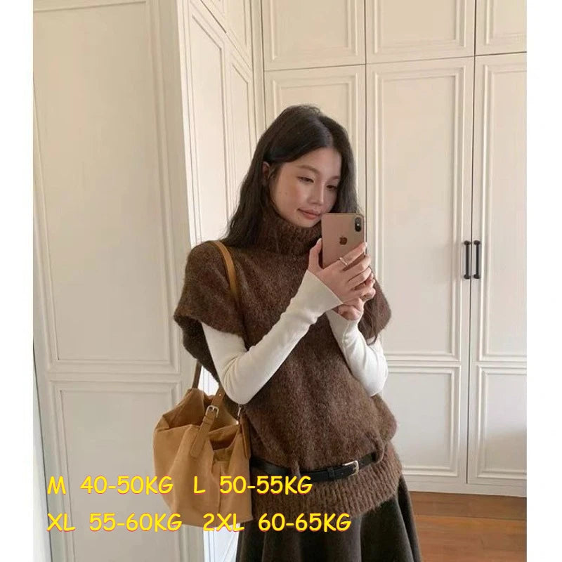 LIZAKOSHT  -  Women Funnel-Neck Knitted Vest Solid Autumn Casual with A Belt Sleeveless Sweater Elegant Woman Vintage Knitwear Waistcoat