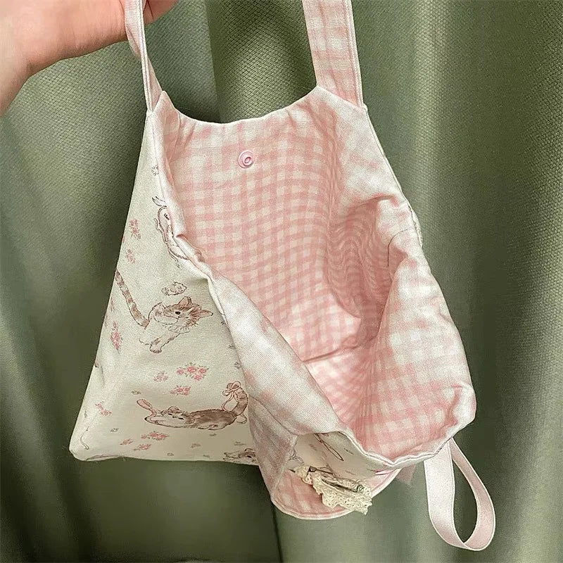 LIZAKOSHT  -  Sweet Cat Floral Print Student Handbag Lovely Girl Tote Bag Large Capacity Big Square Shoulder Bag Handbags