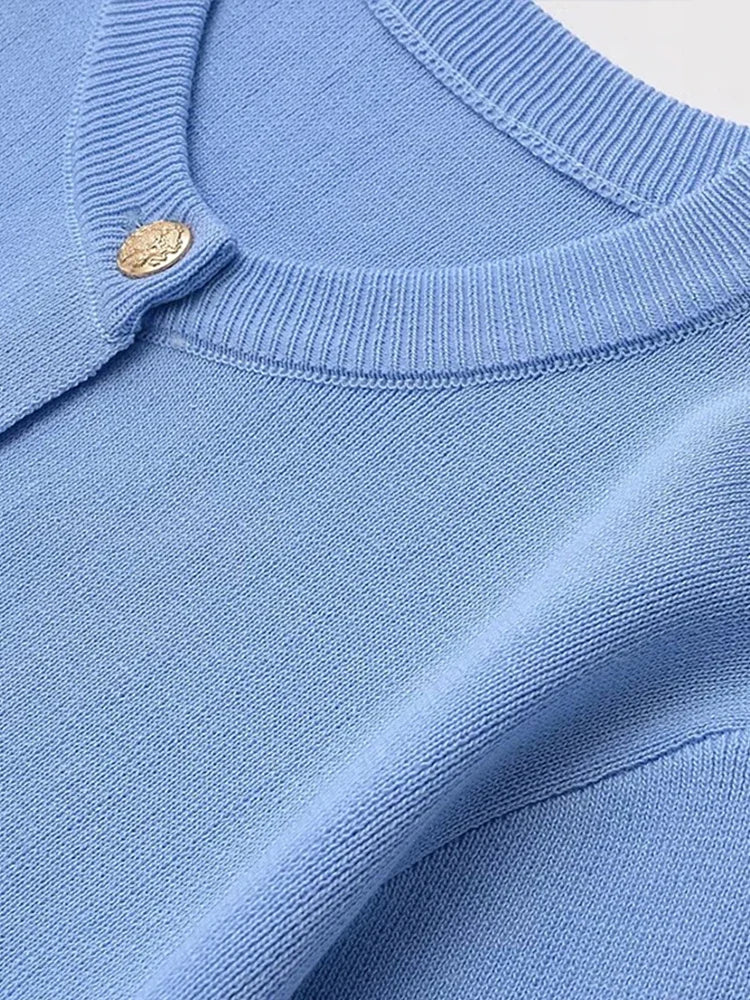 LIZAKOSHT  -  Gold Button Pocket Knitted Short Dresses Solid Color Round Neck French Simple Slimming Fashion Single Breasted Straight Dress