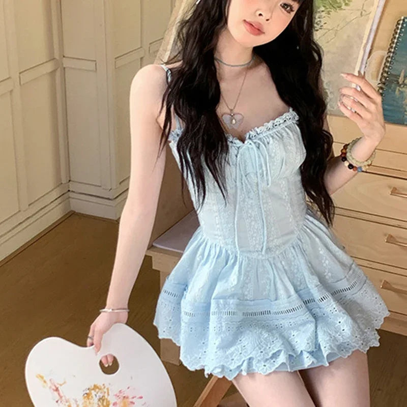 LIZAKOSHT  -  Sweet Mini Dress Women Vacation Beach Fashion Ruffles Lace Up Dresses Summer Y2K Korean Spaghetti Straps Bodycon Vestidos