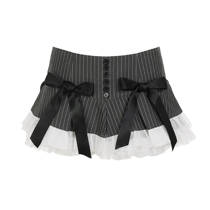 LIZAKOSHT  -  Y2K Style Skirt Bow Lace Striped Half Low Waist Slimming Spicy Girl Short Pleated European American