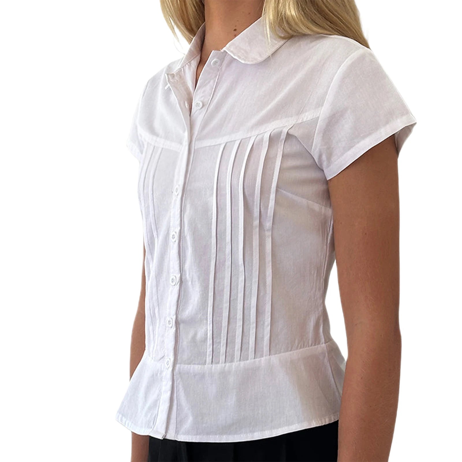 LIZAKOSHT  -  Women's Summer Shirt Solid Color Short Sleeve Lapel Button Down Pleated Slim Fit Tops