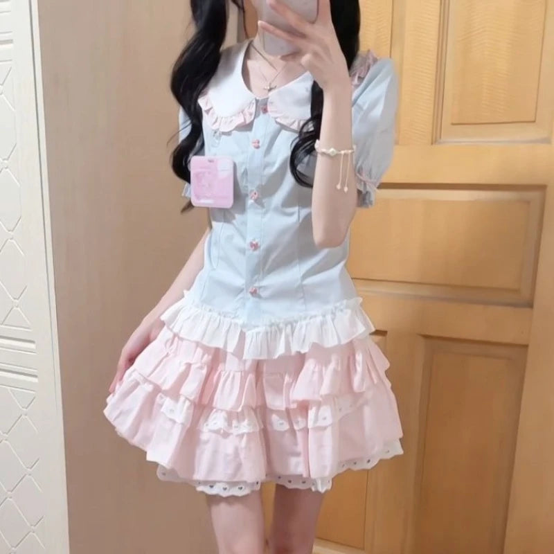 LIZAKOSHT  -  Y2k Harajuku Vintage Sweet Slim 2 Piece Skirt Sets Kawaii Short Sleeve Blouse + Patchwork Cake Mini Skirts 2000s Lolita Suits