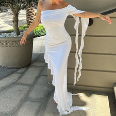 LIZAKOSHT  -  Summer Newly Irregular Ruffle Fringe Party Off Shoulder Dress Elegant One Sleeve Slim Hip Package Lady Split Vacation Robes