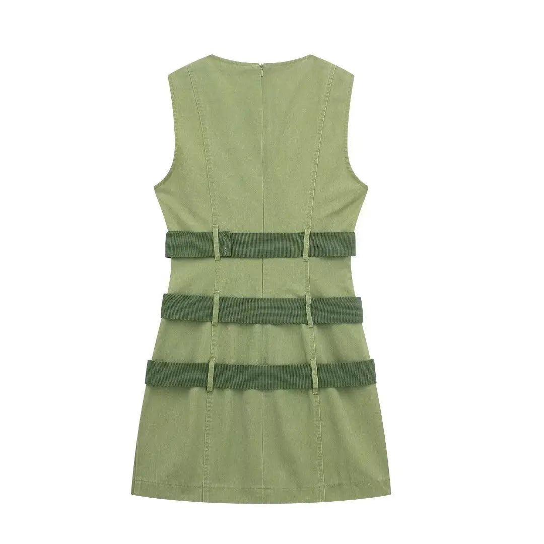 LIZAKOSHT  -  Europe and America Wind Spring New Round Neck Leisure Green Fashion with Belt Sleeveless Tooling Vest Skirt Dress