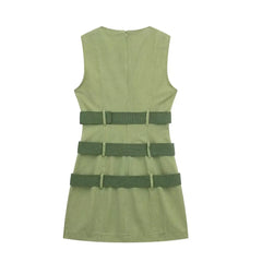 LIZAKOSHT  -  Europe and America Wind Spring New Round Neck Leisure Green Fashion with Belt Sleeveless Tooling Vest Skirt Dress