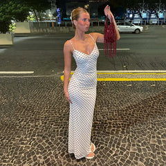 LIZAKOSHT  -  French Fashion Elegant Polka Dot Maxi Dress V-Neck Strap For Women Slim Fit Bodycon Long Dress Holiday Party Outfit