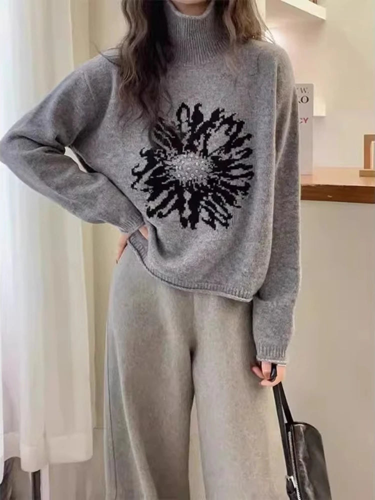 LIZAKOSHT  -  Women Y2k Aesthetic Vintage Flower Sweaters Streetwear Turtleneck Warm Winter Jumpers Grunge Harajuku Casual Loose Pullovers