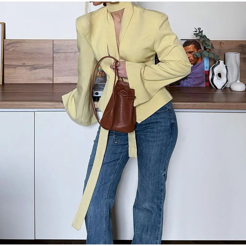 LIZAKOSHT  -  Elegant Ribbon Single Breasted Coat Women Fashion Solid V-neck Long Sleeve Pocket Jackets Female Autumn Chic Casual Streetwear