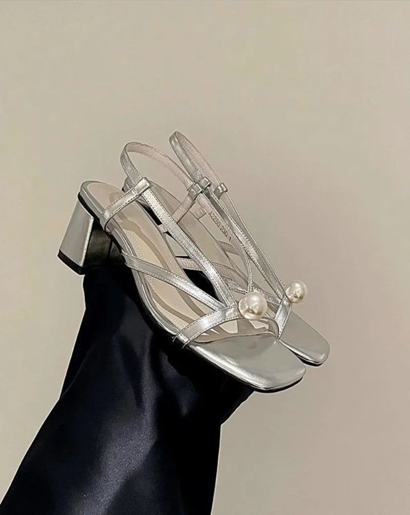 LIZAKOSHT  -  Sandals for Women Rhinestones Footwear Diamond Summer Heeled Ladies Shoes Silver Pumps High Heels Open Toe Square Shoe F H