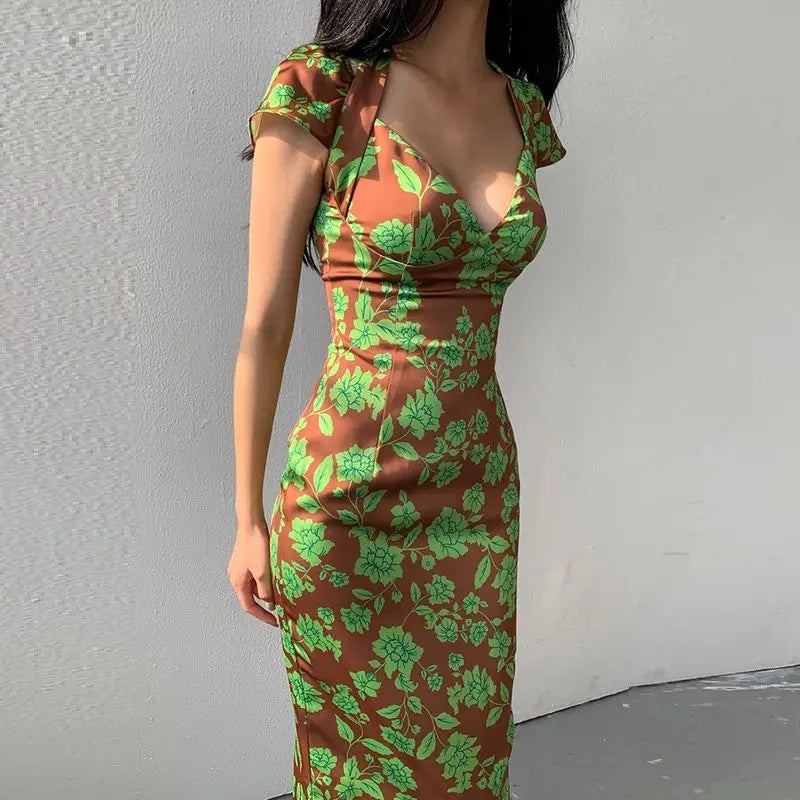 LIZAKOSHT  -  Sexy Elegant Girl Deep V-neck Fishtail Style Printed Dress Long Dress New Summer