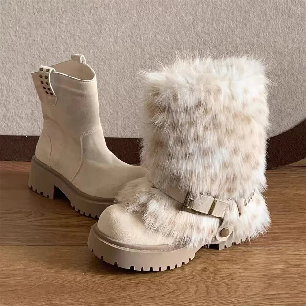 LIZAKOSHT  -  Chunky Heel Winter 2 ways to wear Leisure Cowboy Boots Women Vintage y2k Faux Fur Snow Boots Belt Buckle Black Ankle Boots Shoes