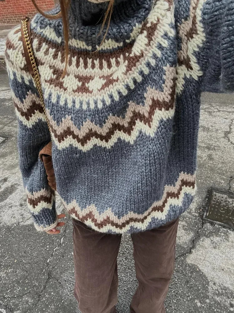 LIZAKOSHT  -  Printed Knitted Pullover Sweater Women Turtleneck Long Sleeves Loose Sweaters All-match Early Spring New Ladies Knitwear