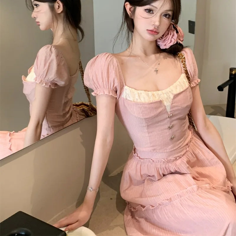 LIZAKOSHT  -  Summer New Square Neck Contrast Color Patchwork Sexy Short Sleeve T-shirt Women + Loose Pleated A-line Skirt Two-piece Suit