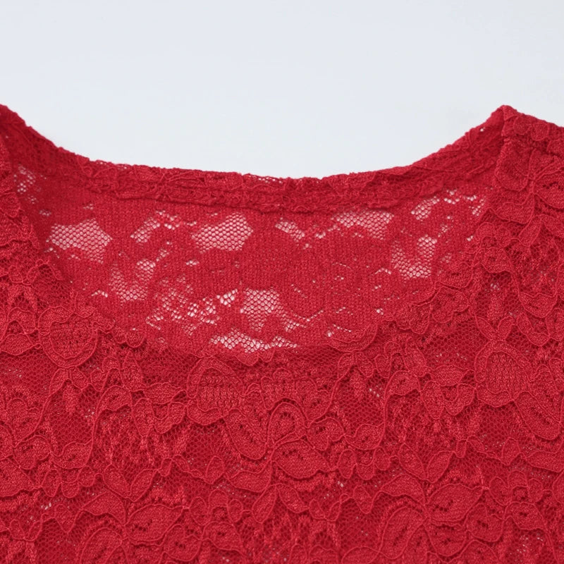 LIZAKOSHT  -  Women Vintage Lace See Through Short Sleeve T Shirt Summer O Neck Solid Pullover Female Streetwear Club Bodycon Tshirt 2025