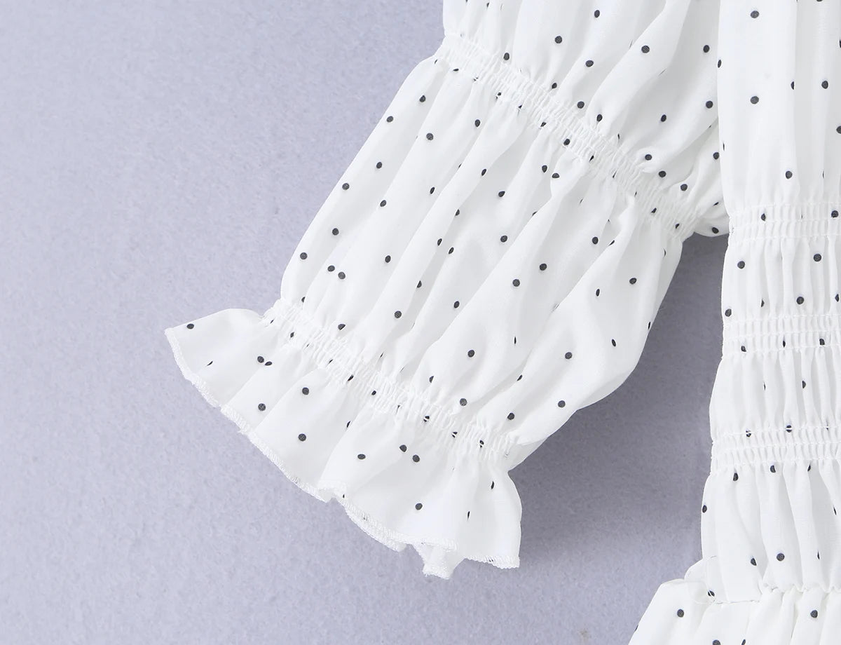 LIZAKOSHT  -  Dot Print Wood ears Ruched Chest Bow U collar Puff Sleeve Dress Elastic High Waist Pleated Swing Midi Dresses Holiday Robe