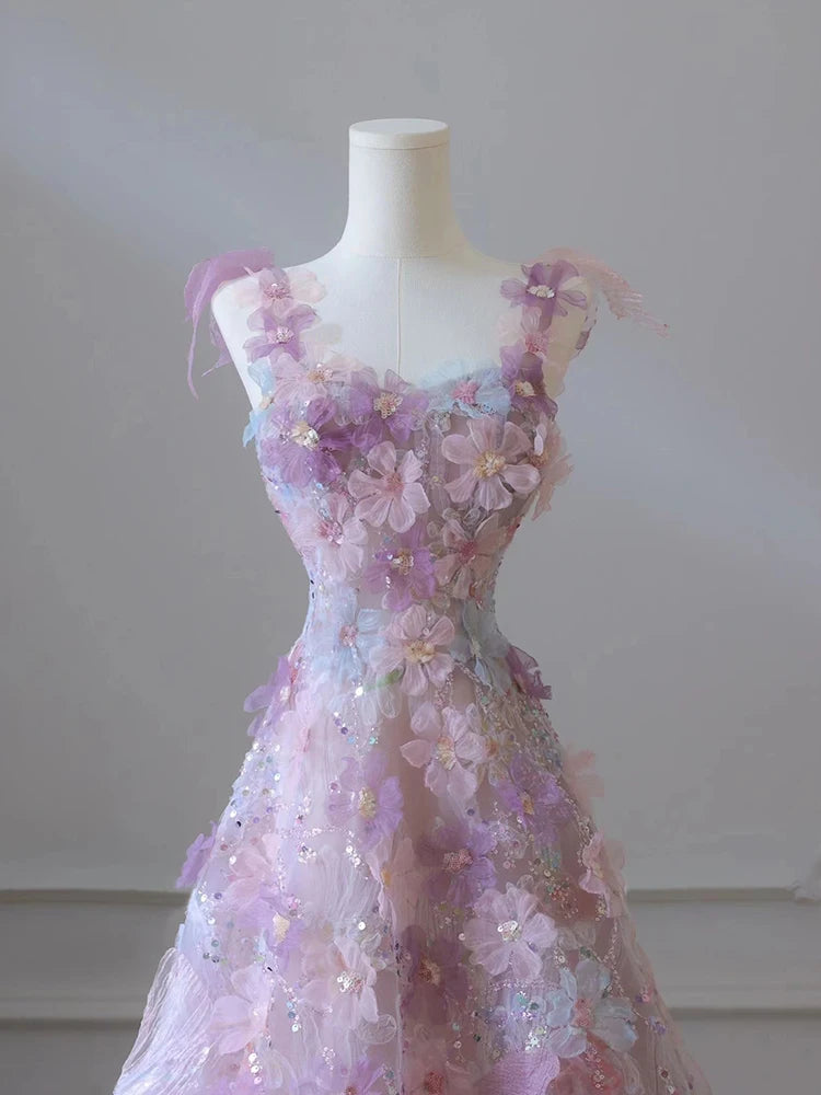 LIZAKOSHT -  Romantic Fairy Sequins 3D Flower Pink A-line Wedding Evening Party Dress Sleeveless Princess Birthday Gown Vestidos De Festa