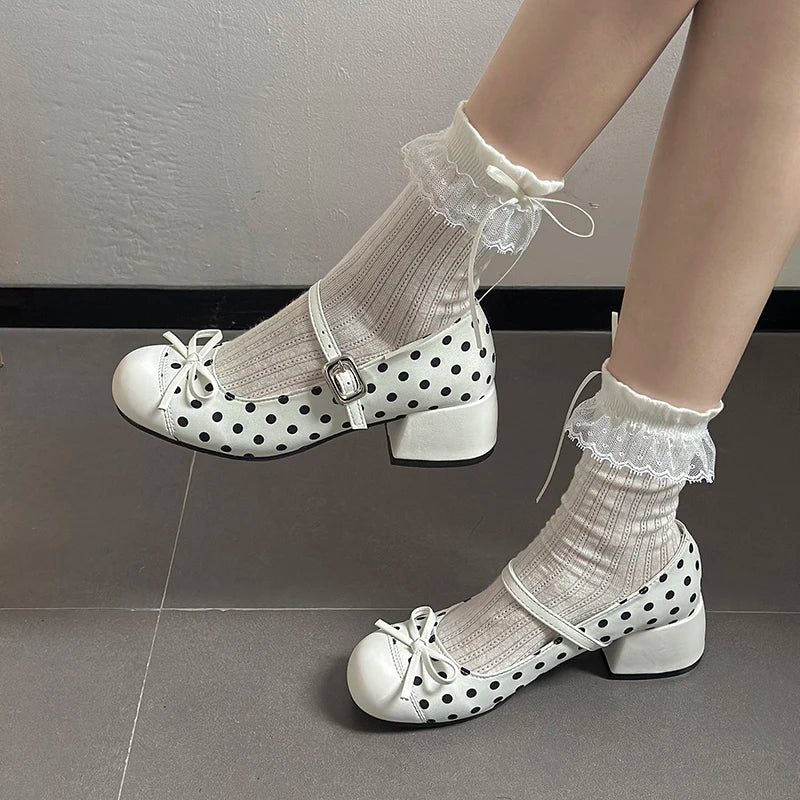 LIZAKOSHT  -  Cute Polka Dot Thick Heel Women Mary Jane Shoes Designer Buckle Strap Pumps Ladies Eelgant Butterfly-knot Dress Single Shoes