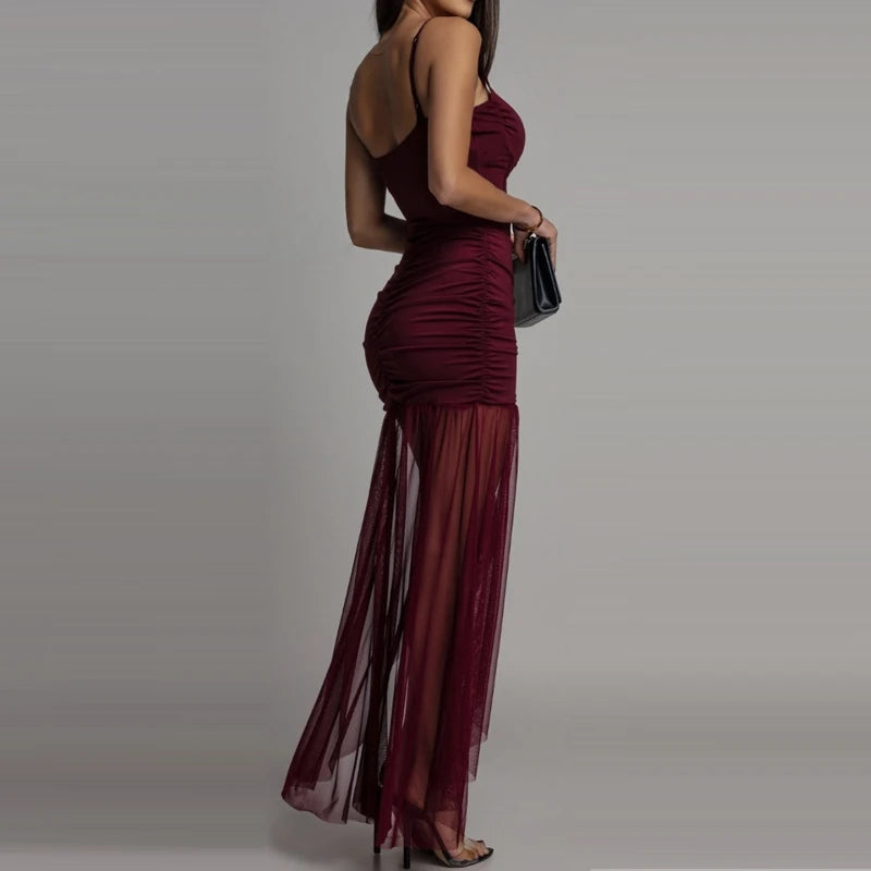 LIZAKOSHT  -  Perspective sleeveless high street style dress with high waist suspender mesh pleated sexy dress summer new evening dress