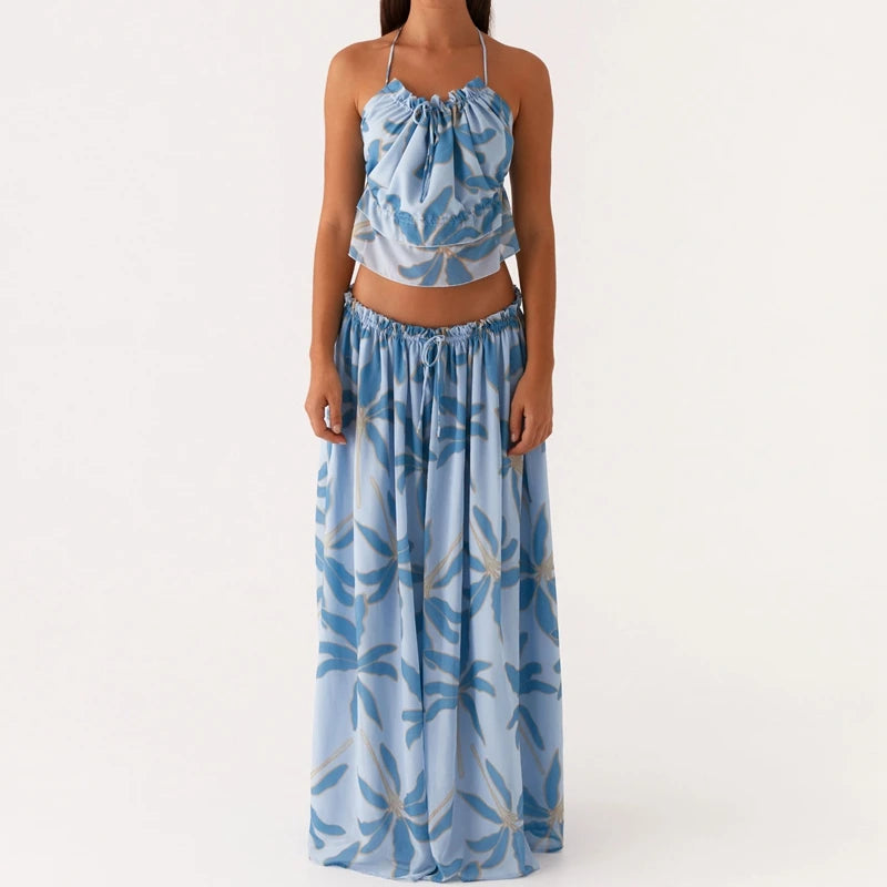 LIZAKOSHT  -  Women 2 Piece Set Summer Outfits Elegant Ladies Sleeveless Tie Front Camis Backless Crop Tops + Long Skirt Beachwear