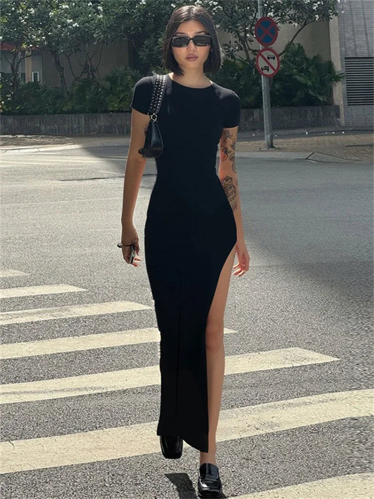 LIZAKOSHT  -  Summer Black Fashion Maxi Dress For Women High Waist Short Sleeve Side Split Sexy Party Dress Gown Female Bodycon Dress
