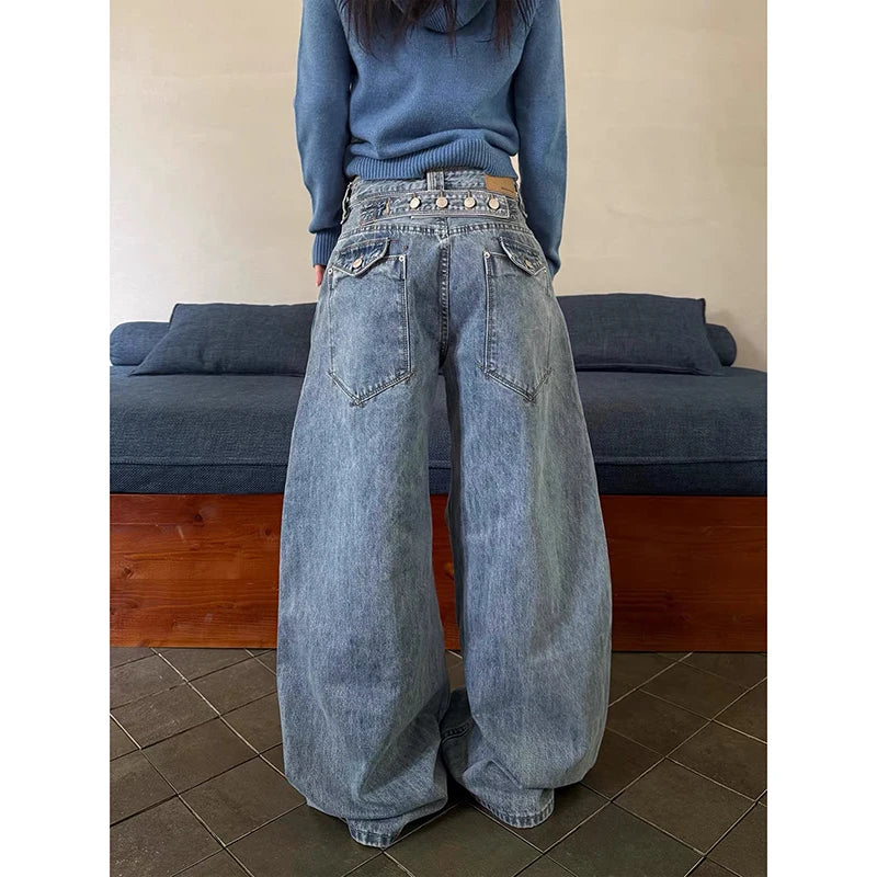 LIZAKOSHT  -  Women Blue Gothic Y2k Baggy Jeans Harajuku Vintage Cargo Denim Trousers Japanese 2000s Style Oversize Jeans Pants Autumn