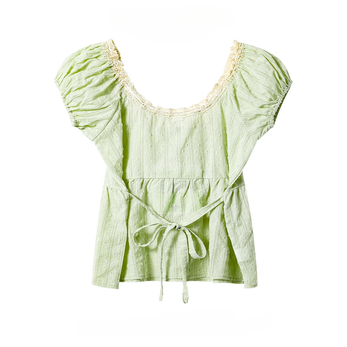 LIZAKOSHT  -  Sweet Girl Fresh Lace Puff Short-sleeved Shirts Women's Summer Bow Lace-up Slim Short Temperament Pullover Tops Female Clothing