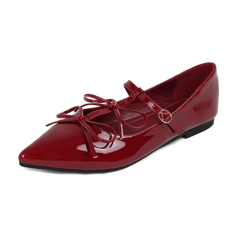 LIZAKOSHT  -  sexy T-strap flats women double bowtie ankle strap party shoes woman pointed toe cutout mary janes japanned leather loafers