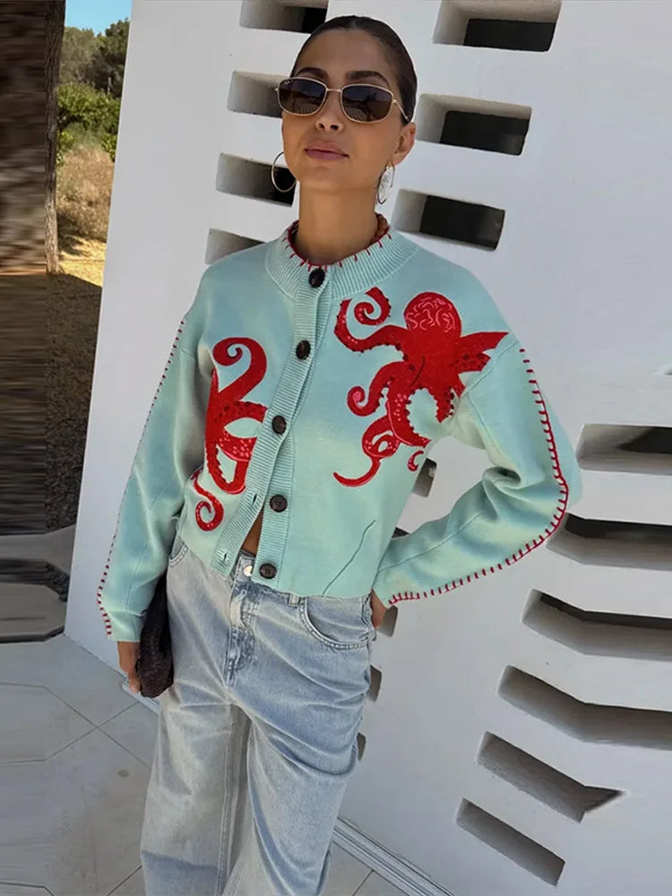LIZAKOSHT  -  O-Neck Single Breasted Octopus Cardigan Woman Long Sleeve Loose Stitch Short Knit Jackets Casual Versatile Women's New Cardigans