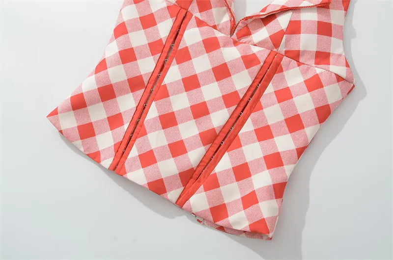 LIZAKOSHT  - Women Sleeveless Snap Closure Red Plaid  Halter Corset Back Tie
