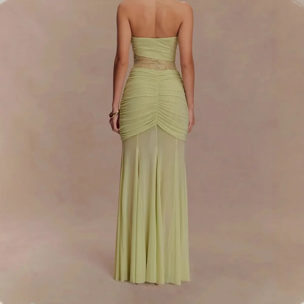 LIZAKOSHT  -  Design Sense Women's New Sexy Bandeau Long Skirt Pleated Mesh Panelled Sheer Lace Dress