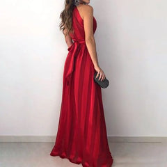 LIZAKOSHT  -  Red Dress New Spring Summer Fashion Striped Bandage V-Neck Sleeveless Sexy Evening Party Dresses Clothes For Women