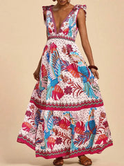 LIZAKOSHT  -  Women Fashion Print Loose Holiday Beach Dress Spring Double V Neck Backless Long Dress Summer Tie-up Sling Boho Maxi Dress Mujer