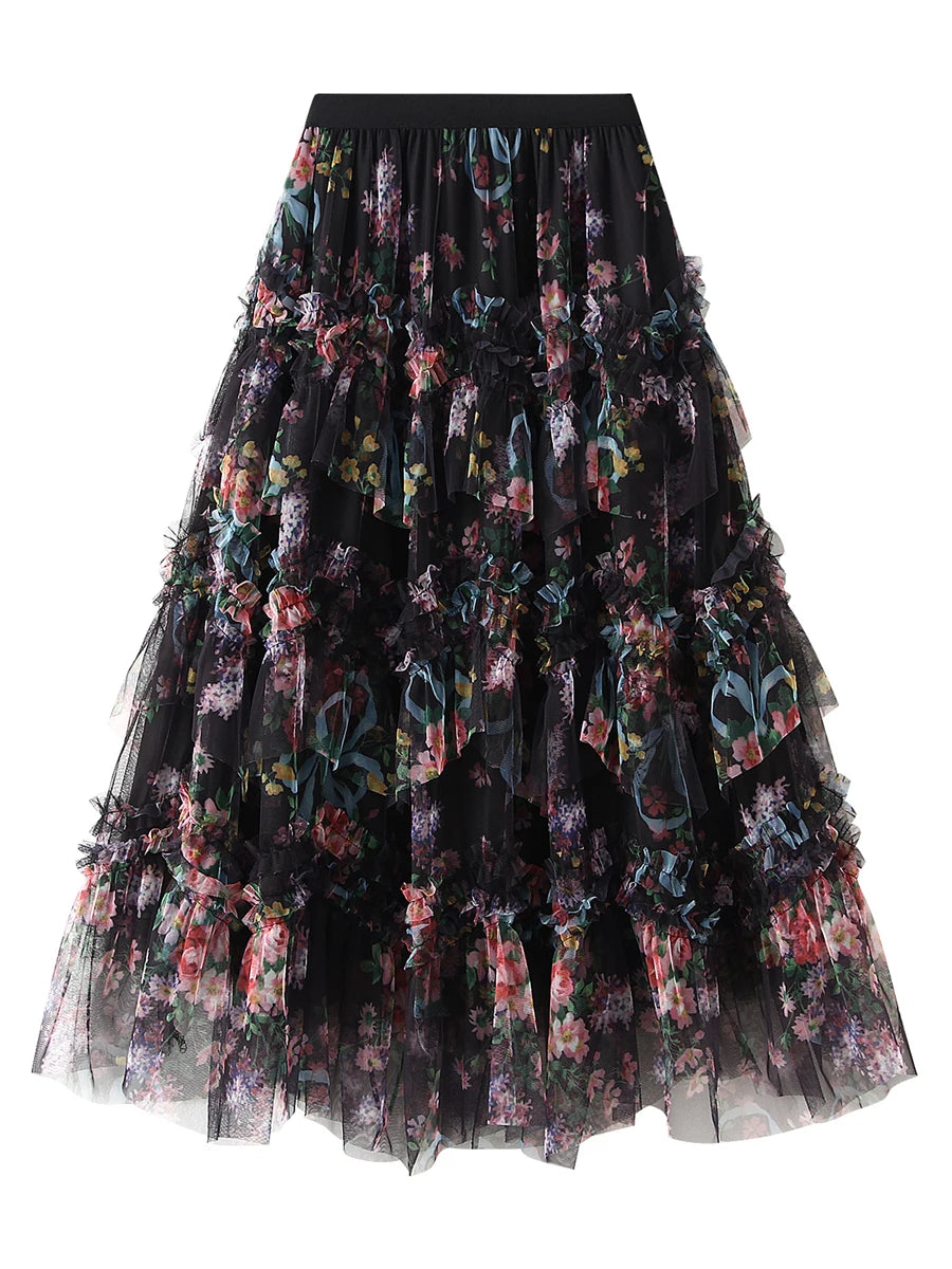 LIZAKOSHT  -  Early Fall Floral Print Ruffle Mesh Skirt Women Irregular Flowy A-line Midi Skirt for Travel, Beach, Shopping