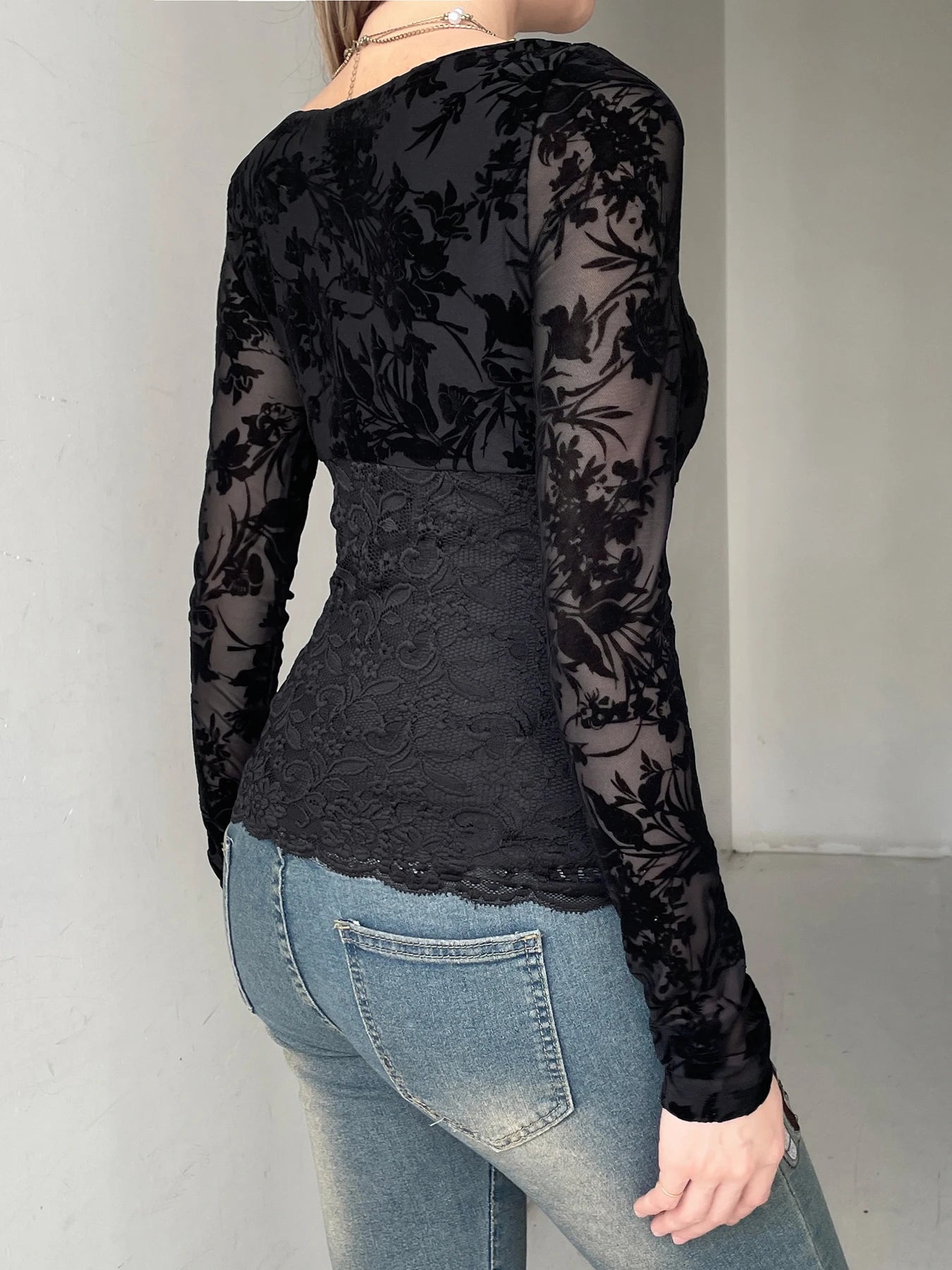 LIZAKOSHT  -  Sweetown Black Lace V-Neck Slim Fit Long Sleeve Women Blouses Sexy Hottie All-Match Chic Fashion Trendy Clothing