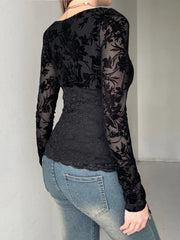 LIZAKOSHT  -  Sweetown Black Lace V-Neck Slim Fit Long Sleeve Women Blouses Sexy Hottie All-Match Chic Fashion Trendy Clothing