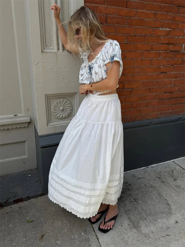 LIZAKOSHT  -  White High Waist Lace Long Skirt Female Pleated Casual Basic Summer Solid Loose Elegant Maix Skirt Women's Clothes Femme