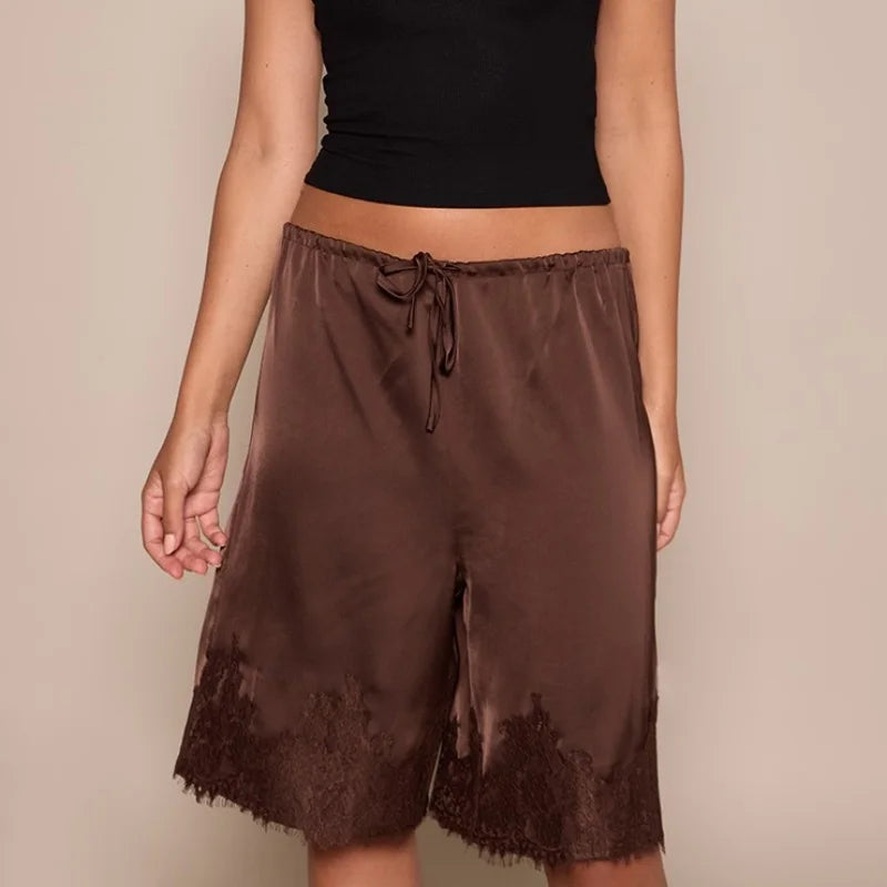 LIZAKOSHT  -  Women Satin Lace Trim Capri Pants Elastic Waisted Wide Leg Cropped Pants Slips Satin Bloomer Pettipants Shorts Y2k Streetwear