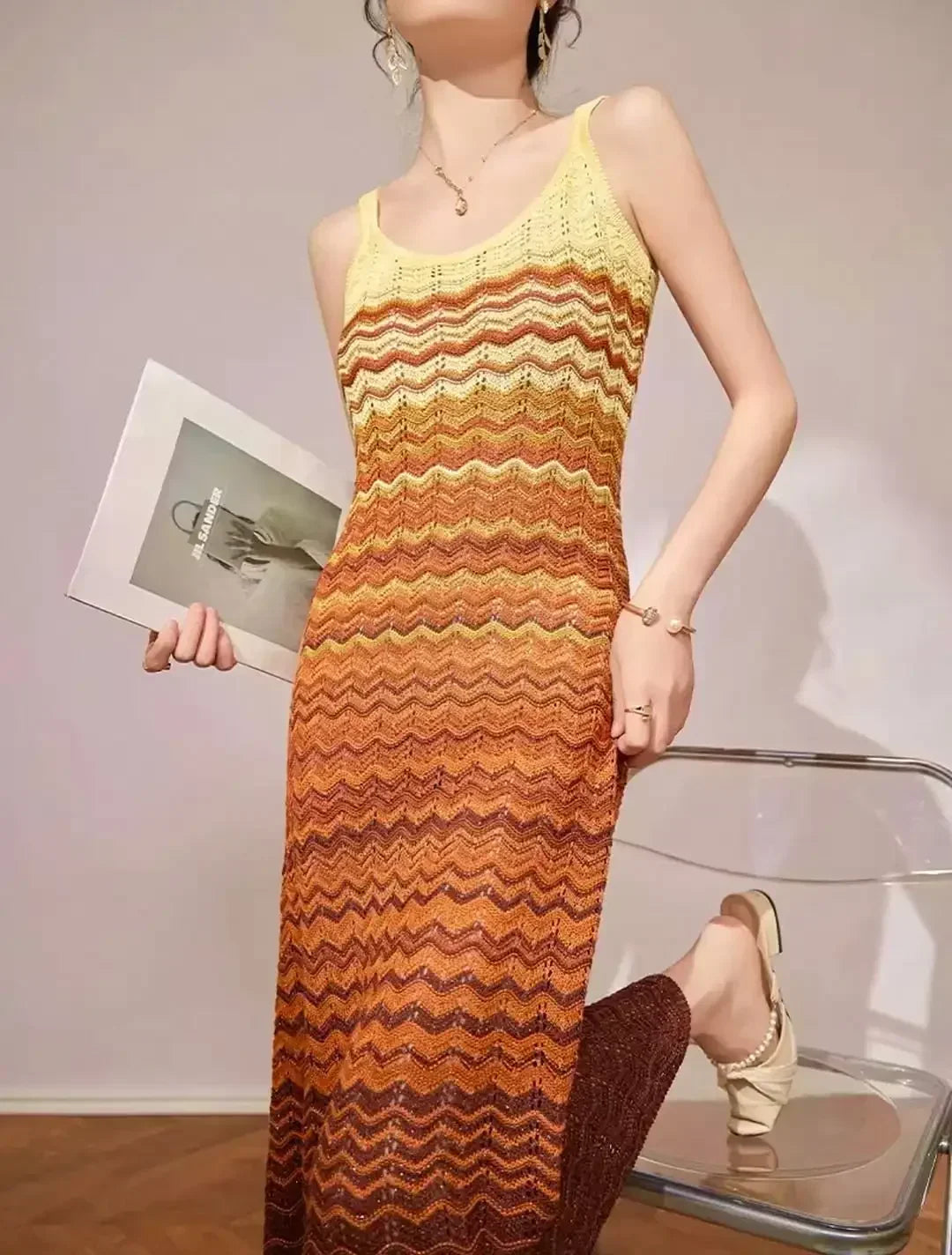 LIZAKOSHT  -  Knit Women Colorful Slip Long Casual Dress Square Collar Sleeveless Off-shoulder Slim Dresses Lady New Holiday Beach Gowns