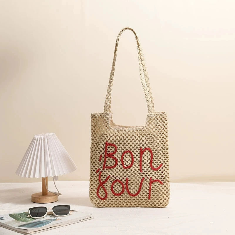 LIZAKOSHT  -  Women Fashion Letter Embroidered Shoulder Bag Hollow Grass Woven Beach Bags Vacation Handbag