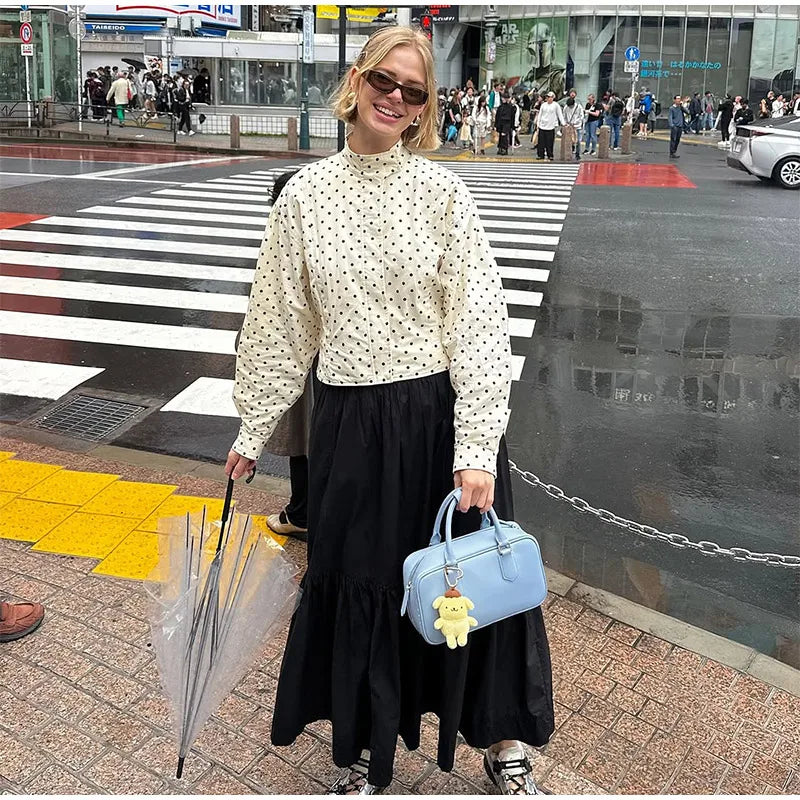 LIZAKOSHT  -  Polka Dot Lantern Sleeve Jackets Women High Collar Oversized Cropped Coats 2025 Lady Casual New Chic Commute Street Outerwear