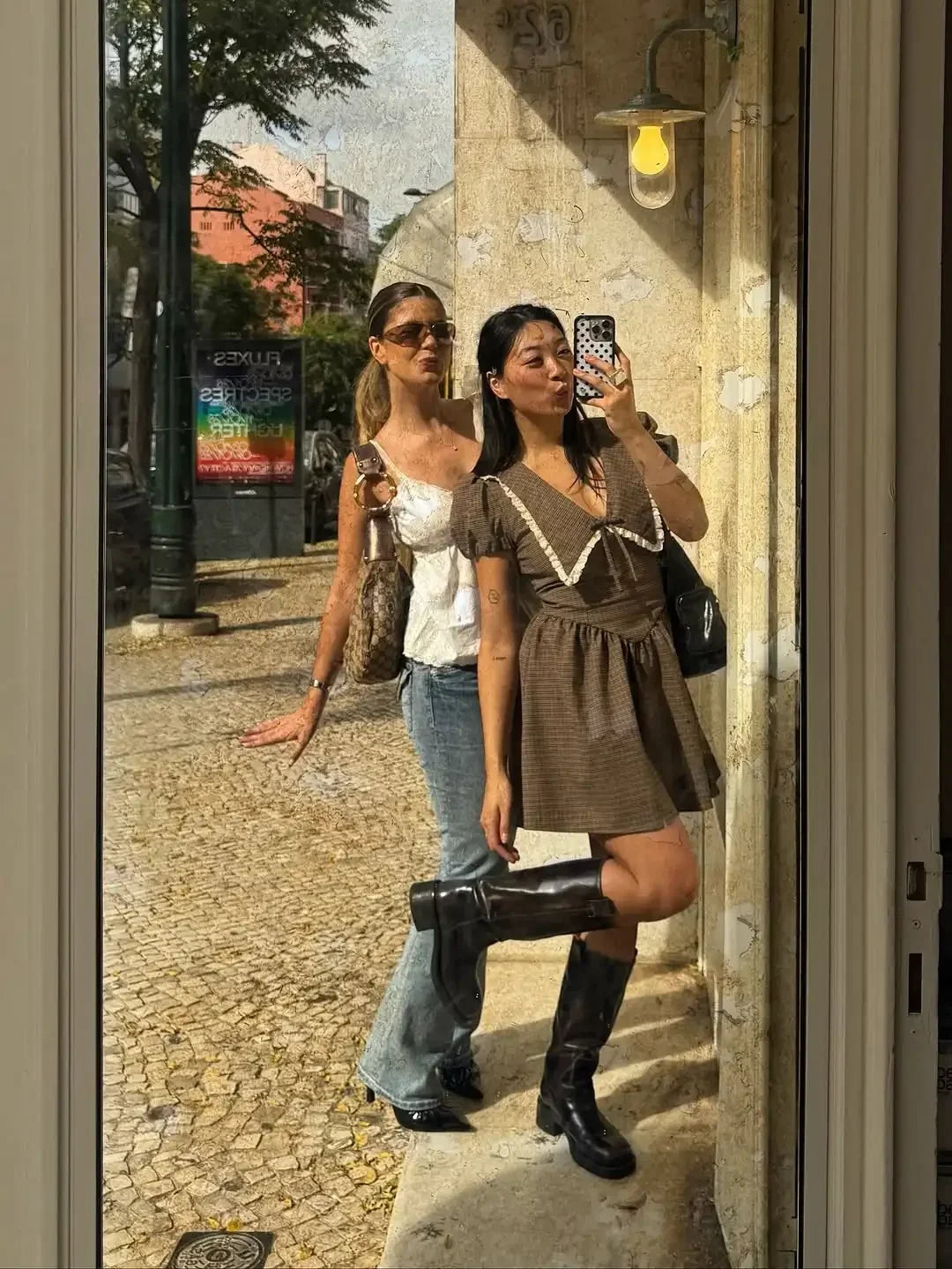 LIZAKOSHT  -  Plaid Waist Cinched Mini Dress Casual V-neck Short Sleeved Lace Up Slim Fit A-line Women Dresses Lady Daily Commute Vestido